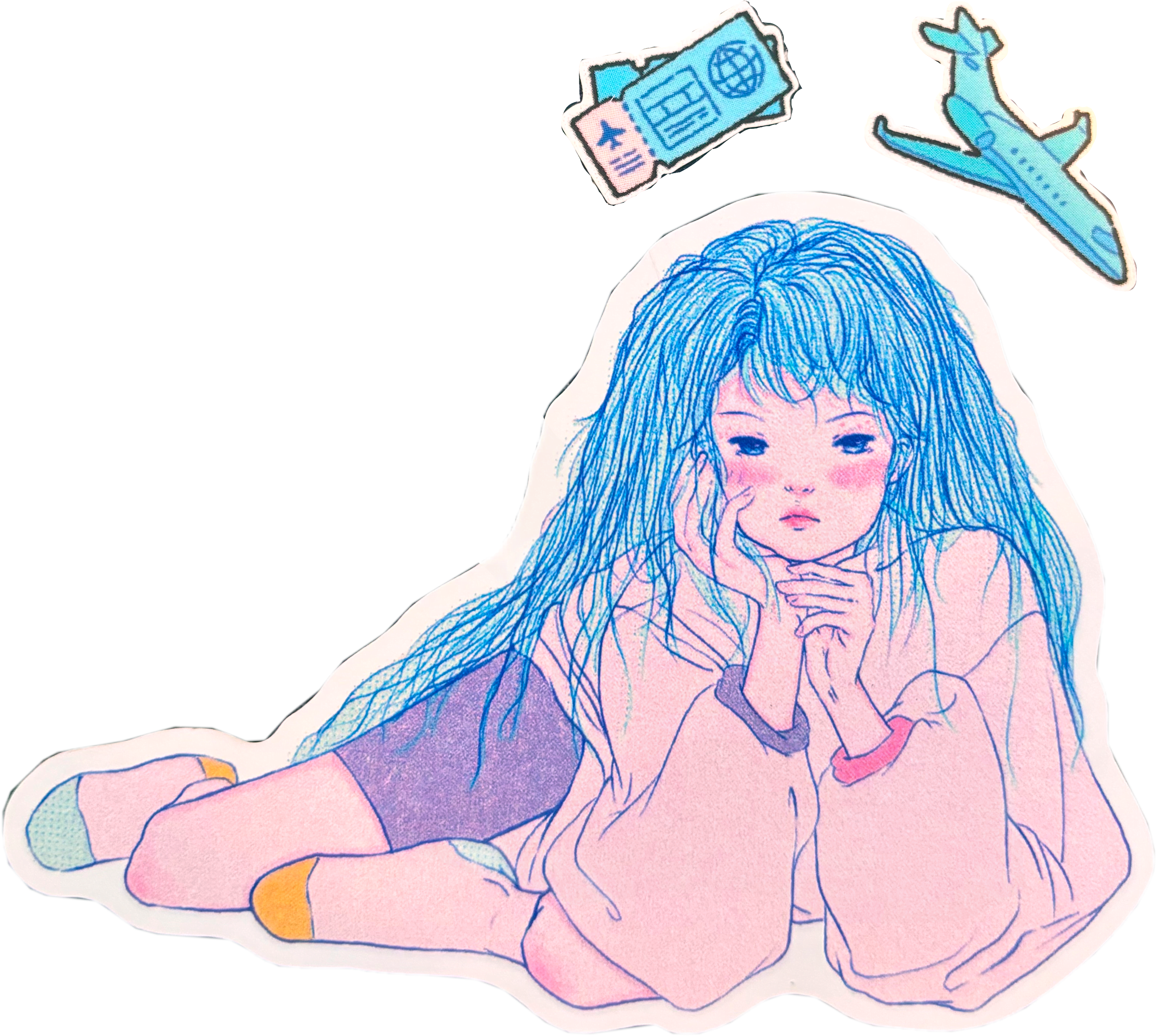 sticker of a pastel coloured drawing of a girl lying down, with a boarding pass and plane above her