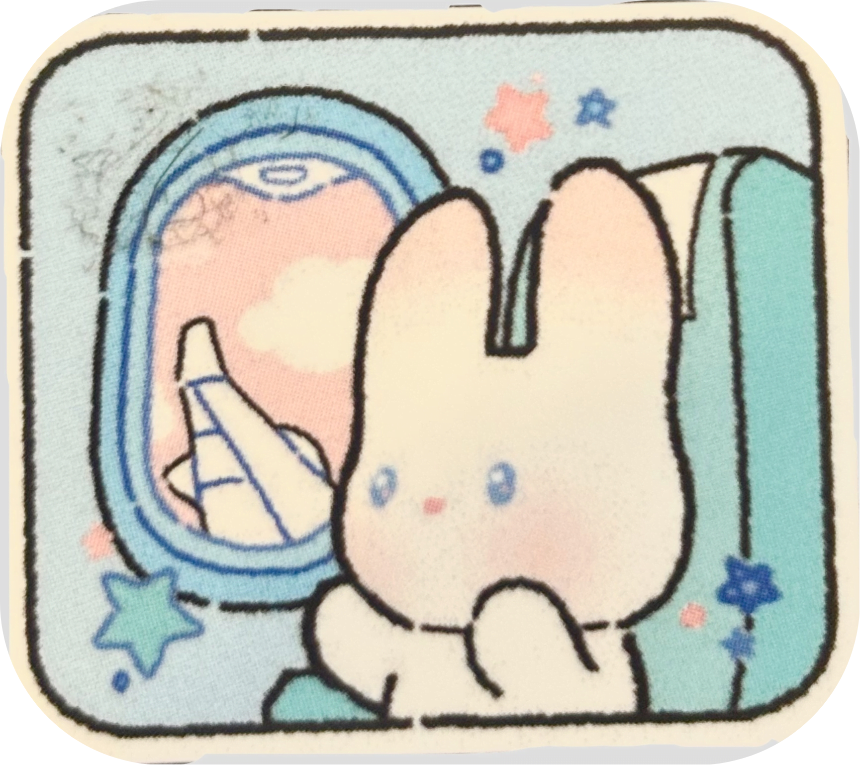 sticker of a pastel coloured drawing of a plush bunny looking out of an airplane window