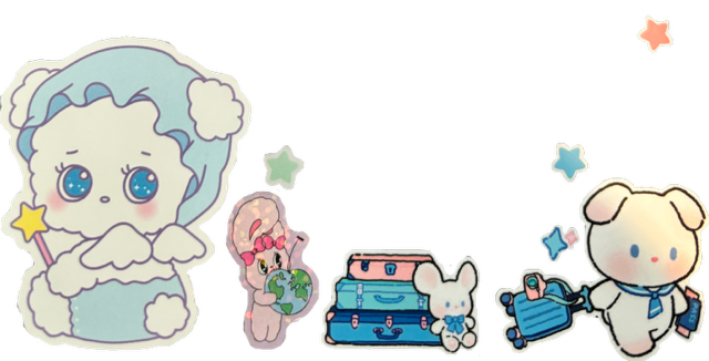 sticker bundle with a plush puppy carrying a suitcase, a bear dressed as an angel and lots of stars